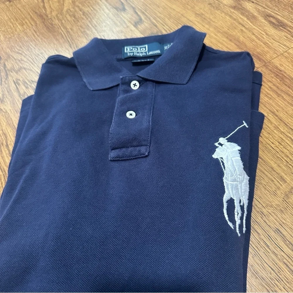 Ralph Lauren Navy Blue Big Pony Polo White Logo shirt size medium custom fit